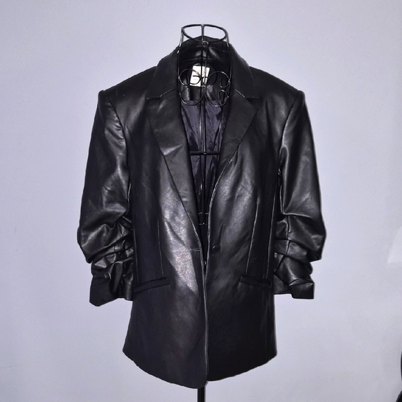 Cinq à Sept Black Leather Jacket With Ruched Sleeves - Picture 1 of 9